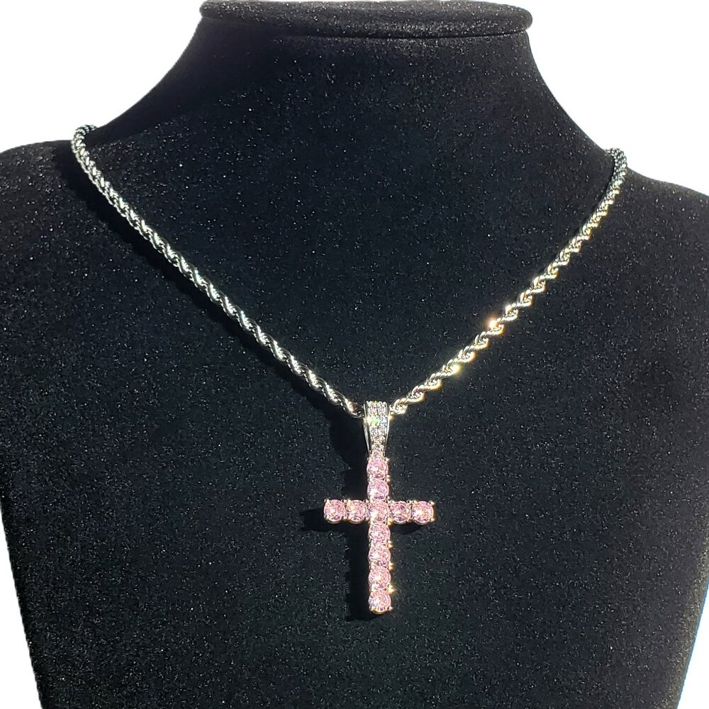14K White Gold Womens 2ct Pink Sapphire Gemstone 1ct Diamond Cross Necklace NEW
